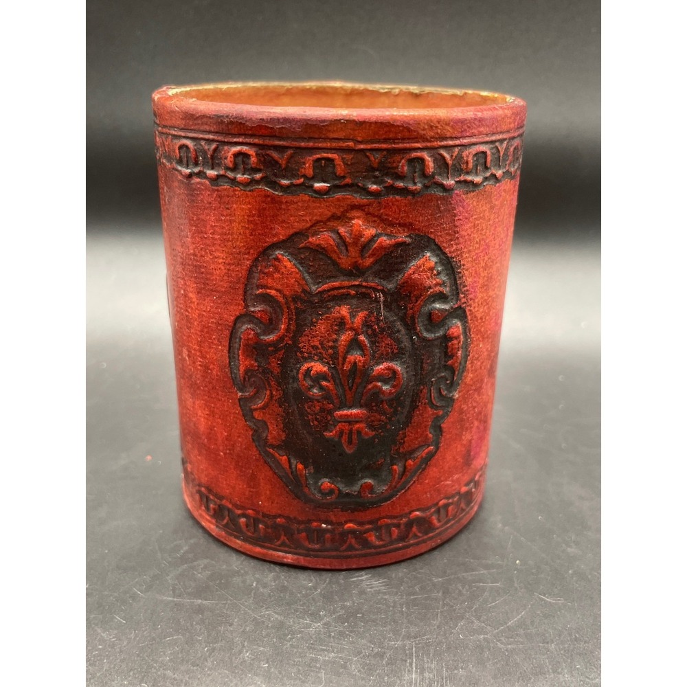 Vintage Red Leather Fleur-de-lis Embossed Dice Cup Pencil Holder Desk Accessory